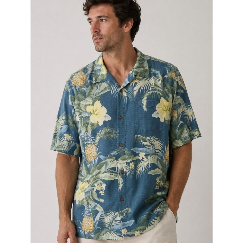 Tommy Bahama 100% Silk Blend Hawaiian Camp Shirt XL Blue Tropical Floral Pineapp